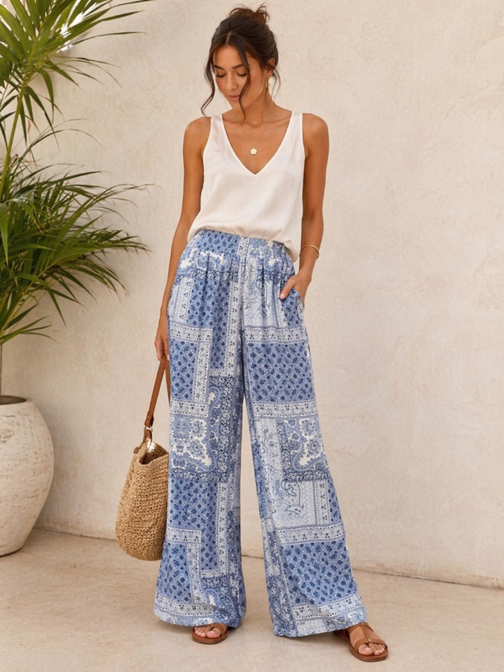 Joie 100% Silk Blue Handkerchief Print Wide Leg Pants Pull On Size L